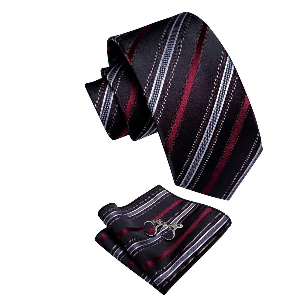 2917 Black Red Ties Striped Tie Woven Silk Necktie Handkerchief Cufflinks